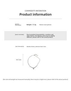 Detailed specs of hematite beaded necklace with blue pearl accent and 38.8cm chain length
