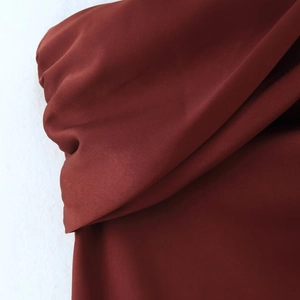 French chic asymmetric midi dress in reddish brown with silk-like glossy satin texture