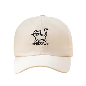 Beige cotton baseball cap with black MEOWE cat embroidery in a minimalist style