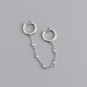 S925 silver double hoop earring linked by a fine chain with sparkling cubic zirconia