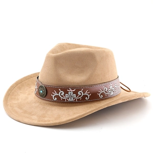 Bohemian suede western cowboy hat in khaki with embroidered band and turquoise accent