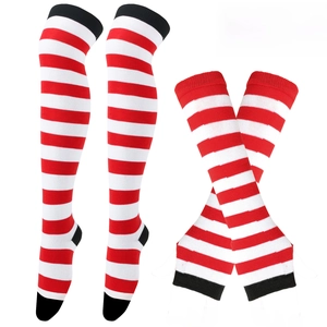 Detail of red and white striped knit thigh-high socks and arm warmers set for adults
