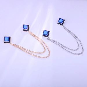 Blue crystal square collar chain with gold and silver geometric brooch pins and tassels