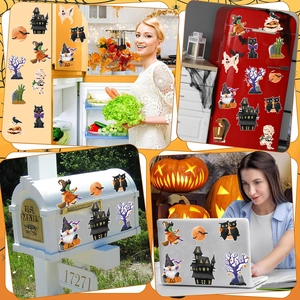 Halloween gnome skeleton magnets shown on mailbox and fridge for festive decoration
