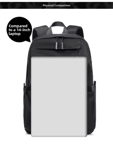 Detailed comparison showing large capacity interior fitting a 14-inch laptop in black backpack