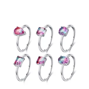 S925 sterling silver rings set with colorful geometric faceted gemstones for women
