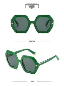 Detailed front and side view of trendy green hexagonal frame sunglasses with green lenses