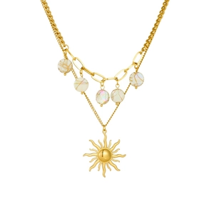Double-layered gold stainless steel necklace with sun pendant and iridescent white beads