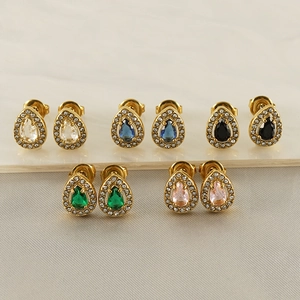 Waterdrop 18K gold-plated stainless steel stud earrings with colorful zircon stones