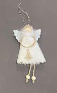 Dettaglio di un angelo di Natale fatto a mano con gonna in peluche e corde di canapa