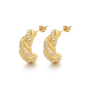Chic gold-plated stainless steel C-shape stud earrings with sparkling zircon crystals