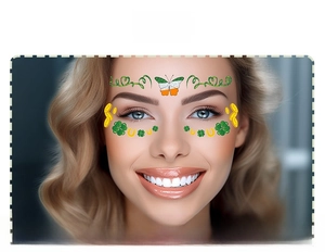 Detailed view of waterproof St. Patrick's Day face stickers with shamrock and butterfly designs