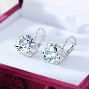Classic silver lever-back earrings with large round-cut cubic zirconia in a red velvet box