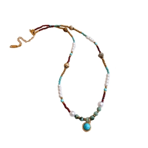 Bohemian pearl necklace with turquoise pendant and multicolor beads on gold chain