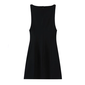 Elegant black sleeveless A-line dress featuring a bow detail and back zipper closure