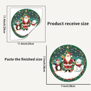 Detail showing Santa Claus and penguin window stickers with product size dimensions