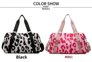 Detail comparison of black and pink cow print waterproof travel bags with reinforced handles