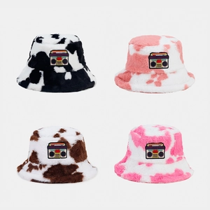 Cow Print Faux Fur Bucket Hat Retro Radio Embroidery Patch Winter Warm Thickened Windproof Outdoor Cap For Women Men
