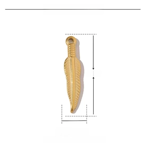 Golden stainless steel feather pendant charm with 28mm length and 6mm width dimensions