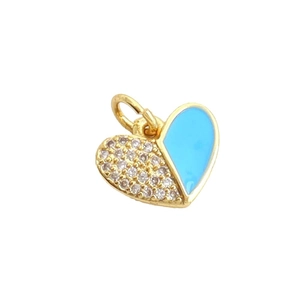 Golden heart pendant with blue enamel and pave-set clear zircons on a white background