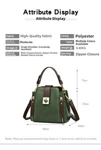 Detail view of dark green vintage bucket bag with dimensions and interior pocket layout