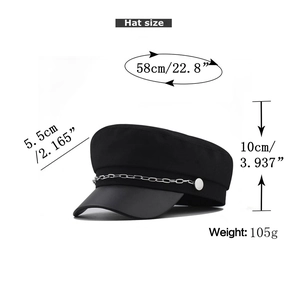 Diagramme des dimensions pour casquette gavroche noire avec chaîne argentée et poids