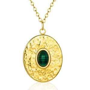Hammered gold oval necklace with green stone pendant and fine stainless steel chain