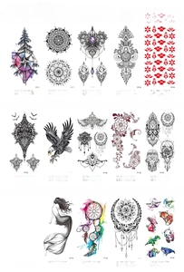 Detailed catalog of 15 waterproof temporary tattoos with eagle, wolf and floral motifs