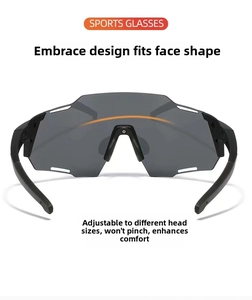 Detail of the wraparound black frame sports cycling glasses with smoke grey lenses