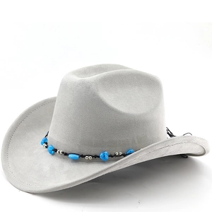 Western Cowboy Hat Suede Polyester Broad Brim Fedora Ethnic Turquoise Beaded Band Outdoor Unisex Travel Sun Protection