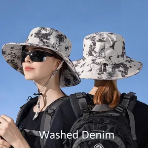 Women Wide Brim Sun Hat Summer UV Protection Tie Dye Bucket Hat With Adjustable Windproof Strap Outdoor Fishing Hiking Hat