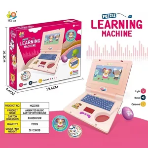 Pink kids educational laptop toy with light music and mouse for early learning