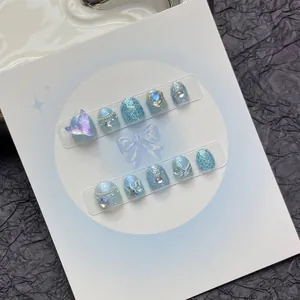 Uñas Postizas de Presión de Sirena para Niños Hechas a Mano Azul Brillo Estrella de Mar Mariposa 3D Strass Perla Dulce Niños