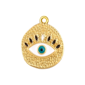 Macro detail of gold evil eye pendant with blue zircon center and white enamel finish
