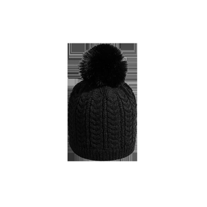 Classic black cable knit winter beanie for girls featuring a large fluffy faux fur pompom
