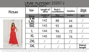 Detailed size guide table for sleeveless waist-cinched jumpsuit showing S to XL measurements