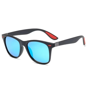 Classic men's black sunglasses with blue mirrored lenses and red trim on a white background
