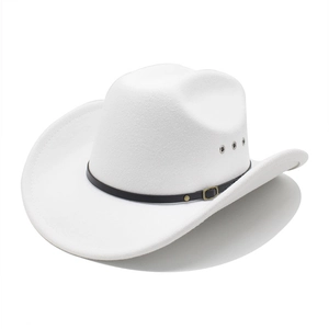 Classic white wool felt western cowboy hat with a slim black leather belt and gold buckle