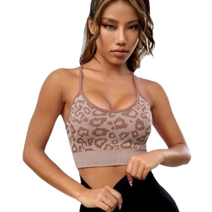 Women's sports bra featuring leopard print and crisscross back for yoga and fitness training
