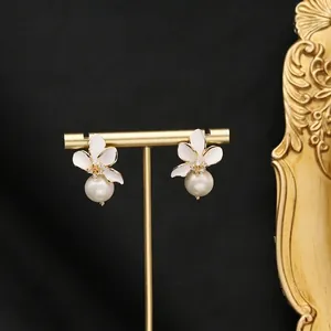 Luxury White Flower Freshwater Pearl Drop Earrings With 925 Sterling Silver Earring Post Zirconia Enamel Floral Earrings