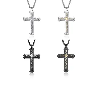 Stainless Steel Cross Pendant Necklace For Men With Greek Key Pattern Layered Design Retro Hip Hop Punk Jewelry