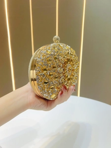 Elegant gold round evening clutch bag with sparkling sunflowers rhinestones and top handle