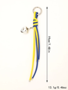 Blue and yellow braided leather keychain with silver heart charm and size specifications