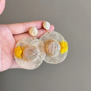 Handmade woven straw hat earrings with yellow flower for summer beach vacations