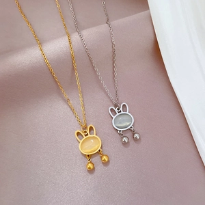 Titanium steel minimalist cat eye opal rabbit necklace in gold and silver finishes