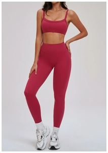 Détail du legging de yoga taille haute en V et du soutien-gorge de sport rose prune