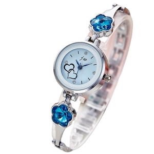 Elegant quartz wristwatch for women with blue flower crystals and silver steel strap