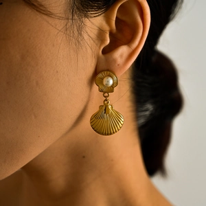 18K gold plated stainless steel shell drop earrings with elegant freshwater pearls