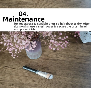 Flat lay of foundation brush on wooden table with a protective mesh cover on bristles