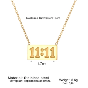 Macro shot of gold-plated stainless steel 11:11 square pendant showing size specifications